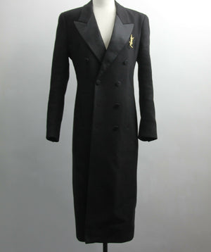 Saint Laurent Black Tuxedo Coat In Grain De Poudre + Saint Laurent YSL Logo Twisted Stripe Texture Brooch