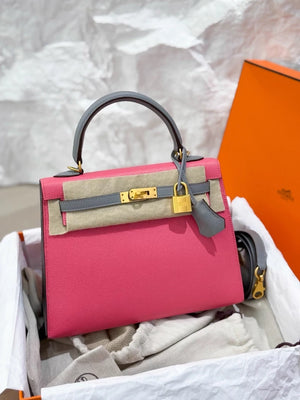Hermes Kelly 25 pink and grey Epsom leather brushed gold hardware