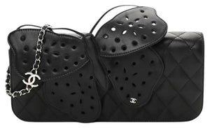 Rare Chanel 2011 Lambskin Black Butterfly Ornament Clutch Crossbody Flap Bag