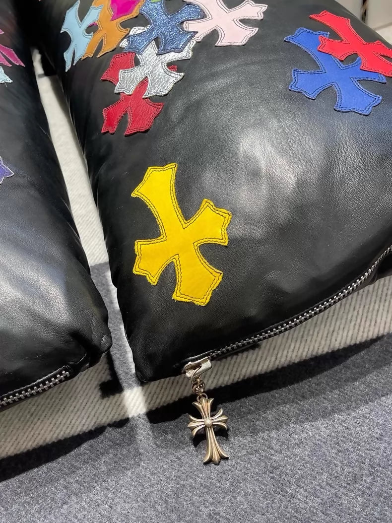 Chrome Hearts black pure leather cross-patterned leather throw pillows