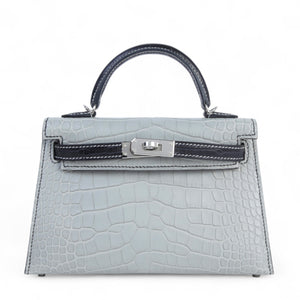 Hermes Mini Kelly 20 Noir Gris Perle Matte Alligator Palladium hardware