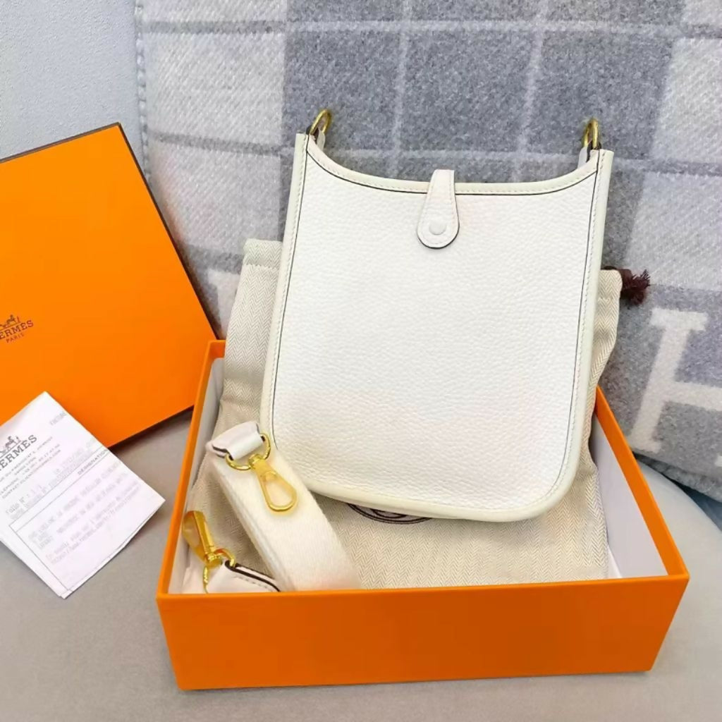 Hermès Mini Evelyne – White Leather with Gold Buckle