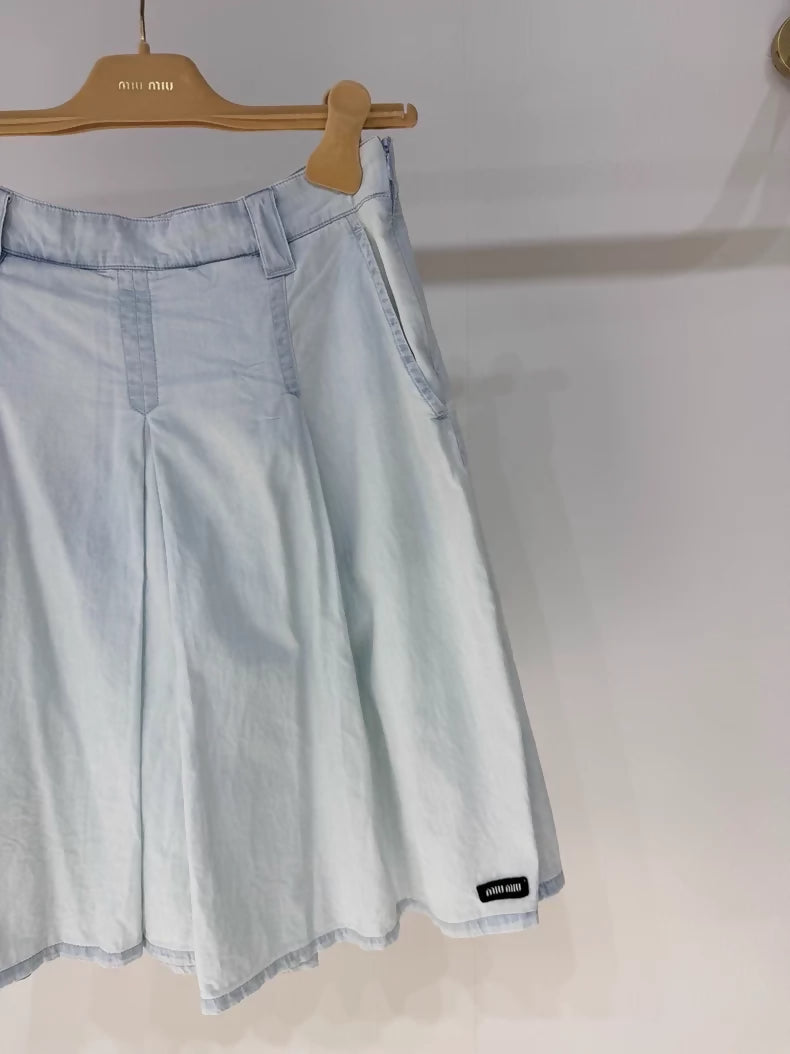 Miu miu Chambray Light Blue Distressed Denim Midi Skirt