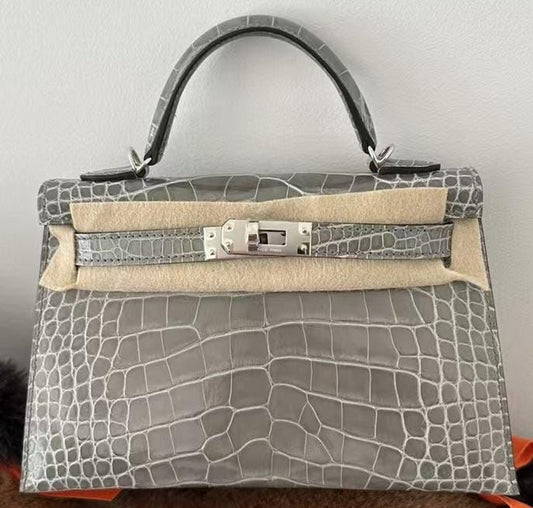 Hermes mini kelly 20 Gris ciment shiny alligator palladium hardware