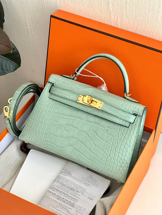 HERMES MINI KELLY VERT D’EAU MATTE CROCODILE LEATHER GOLD HARDWARE