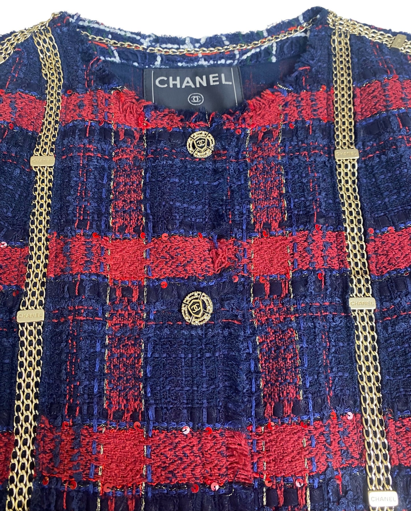 RARE CHANEL 08P RUNWAY BLUE RED GOLD CC CHAINS TWEED JACKET FR 44