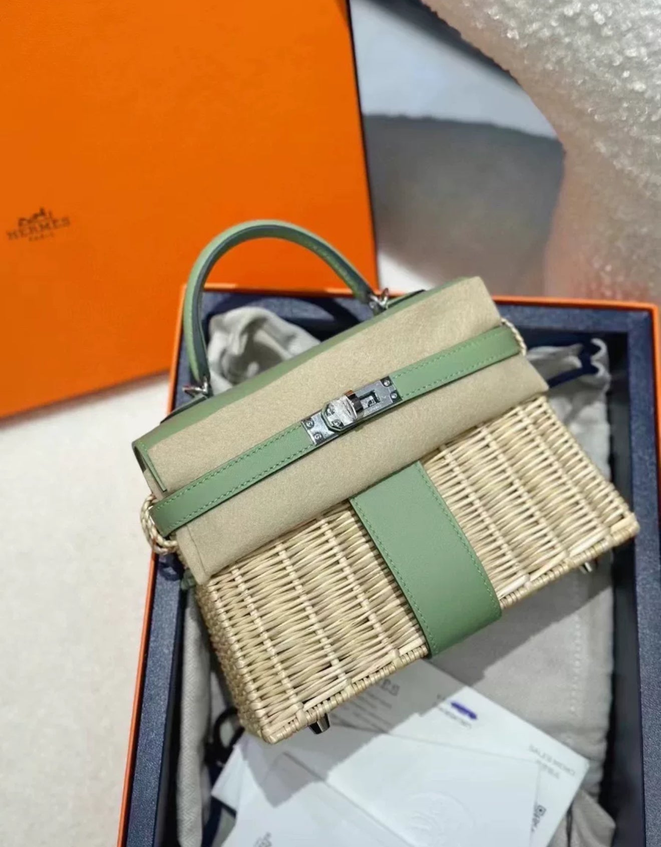 Hermès Kelly Mini Picnic Vert Criquet Swift Leather Palladium Hardware