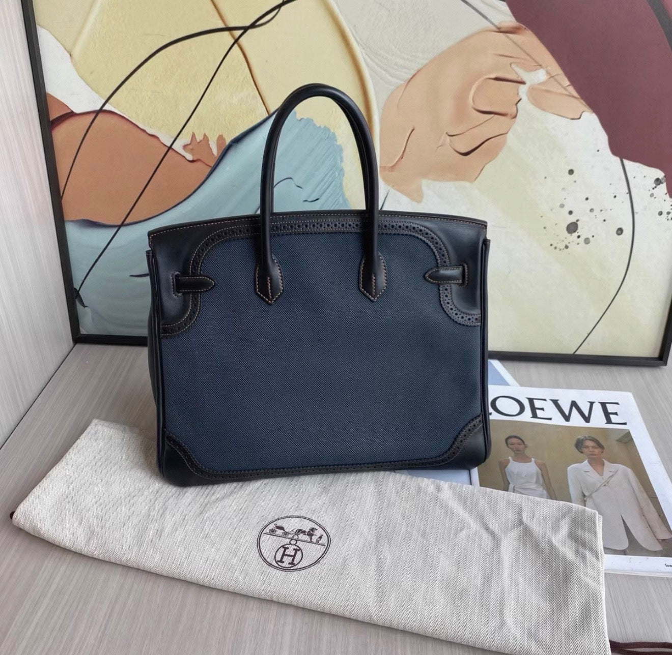 HERMÈS Birkin Ghillies 35 Noir Denim Denim Evercalf Brushed Palladium