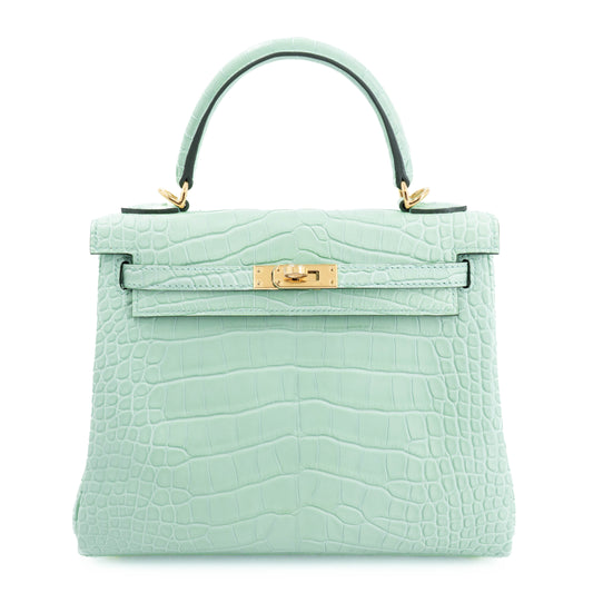 Hermes Kelly 25 Vert d’Eau Matte Alligator Gold hardware