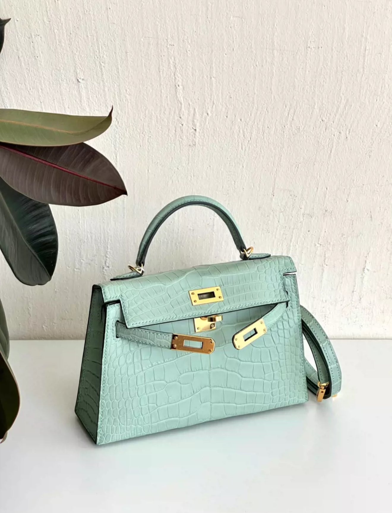 HERMES MINI KELLY VERT D’EAU MATTE CROCODILE LEATHER GOLD HARDWARE