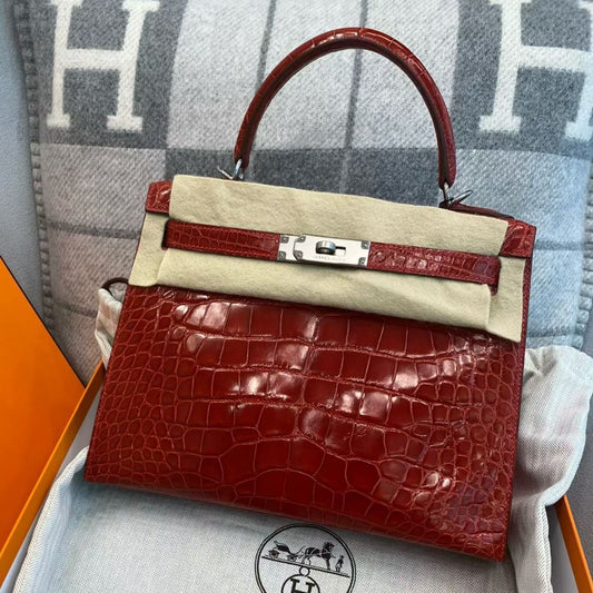 Hermes Kelly 28 Sellier braise shiny alligator palladium hardware