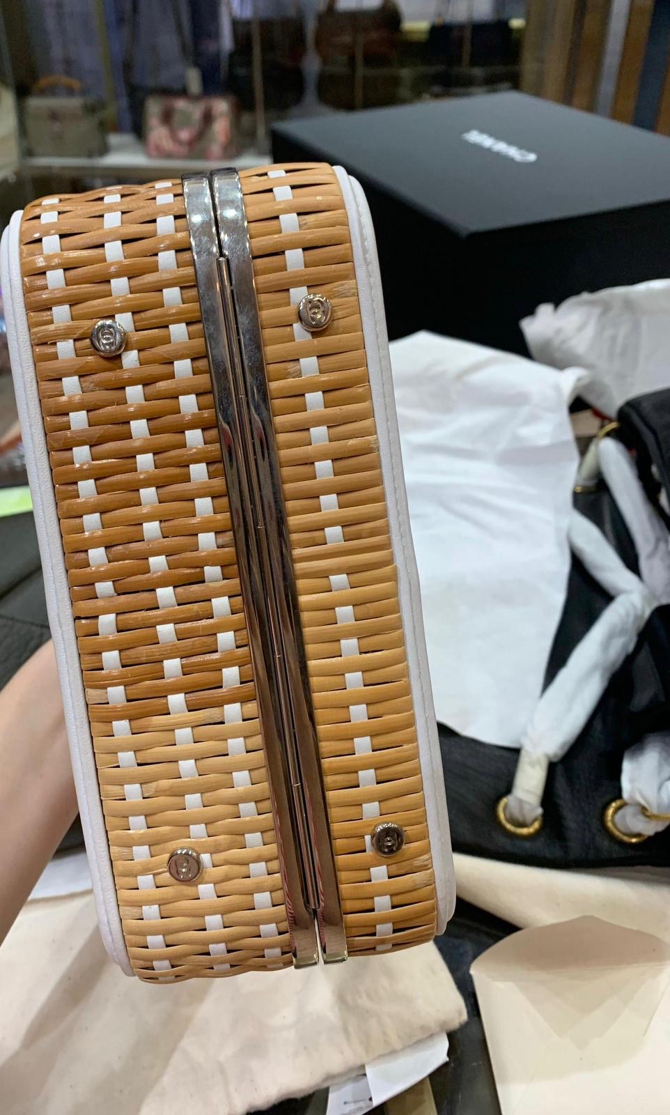Chanel Vanity Case Beige  White, Rattan, Patent Calfskin  Silver-Tone Metal