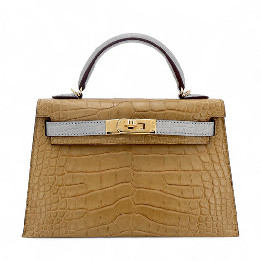 Hermes Mini Kelly 20 Gris Perle Kraft (2H) Matte Alligator Gold hardware