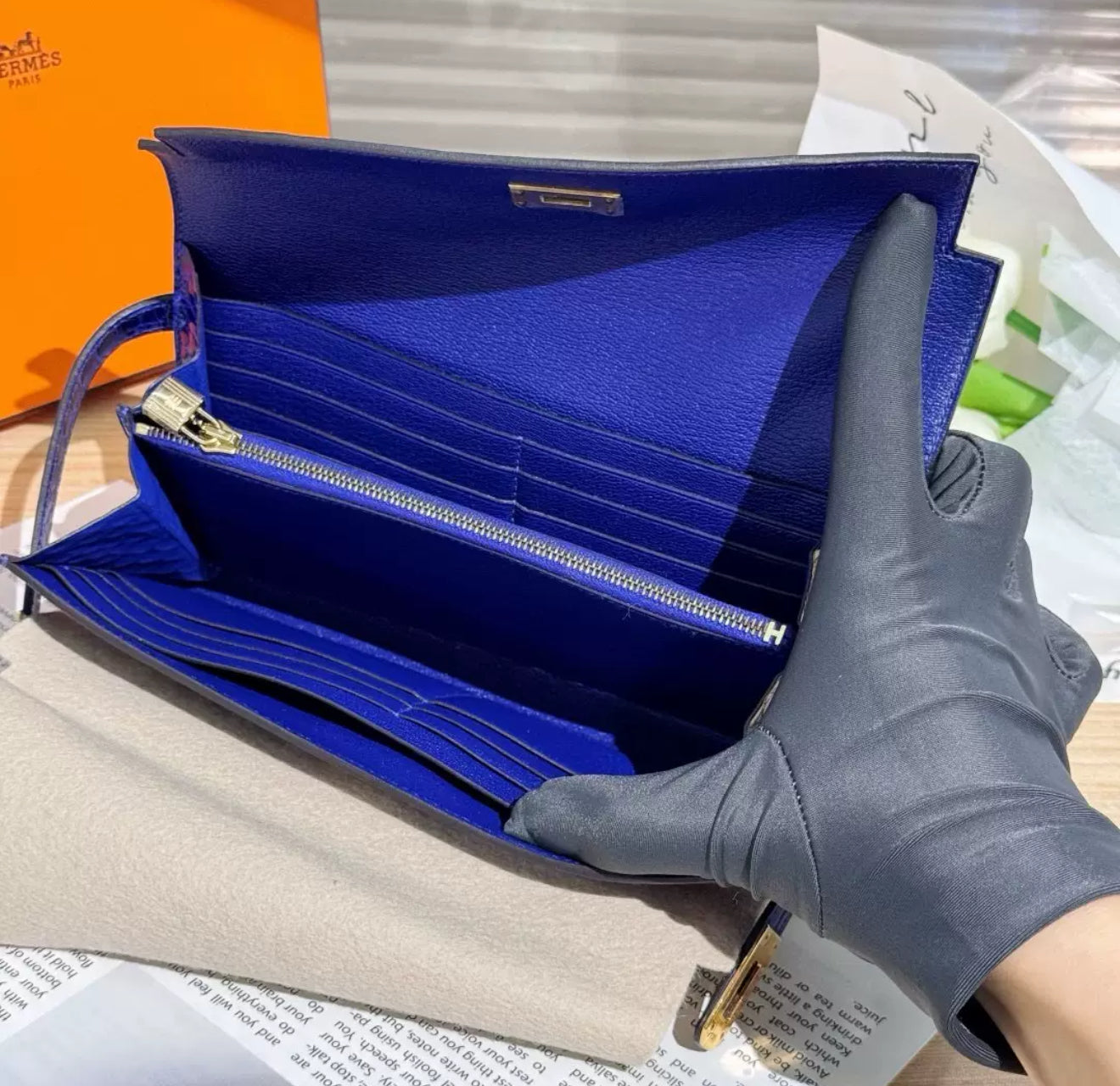 Hermès Kelly long electric blue shiny Alligator leather gold hardware