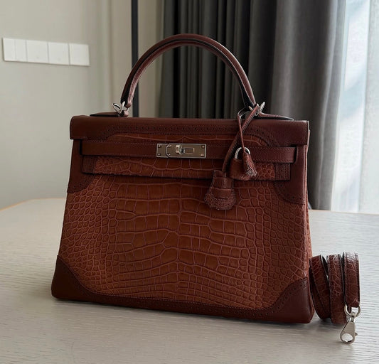 Hermès Kelly 32 Ghillies Gold Alligator Marron Evergrain Palladium hardware