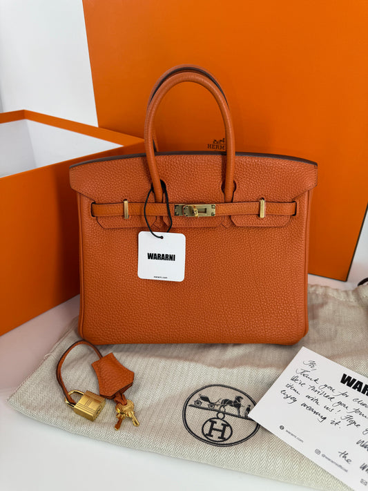 Hermes Birkin 25 Orange Togo Leather Gold Hardware