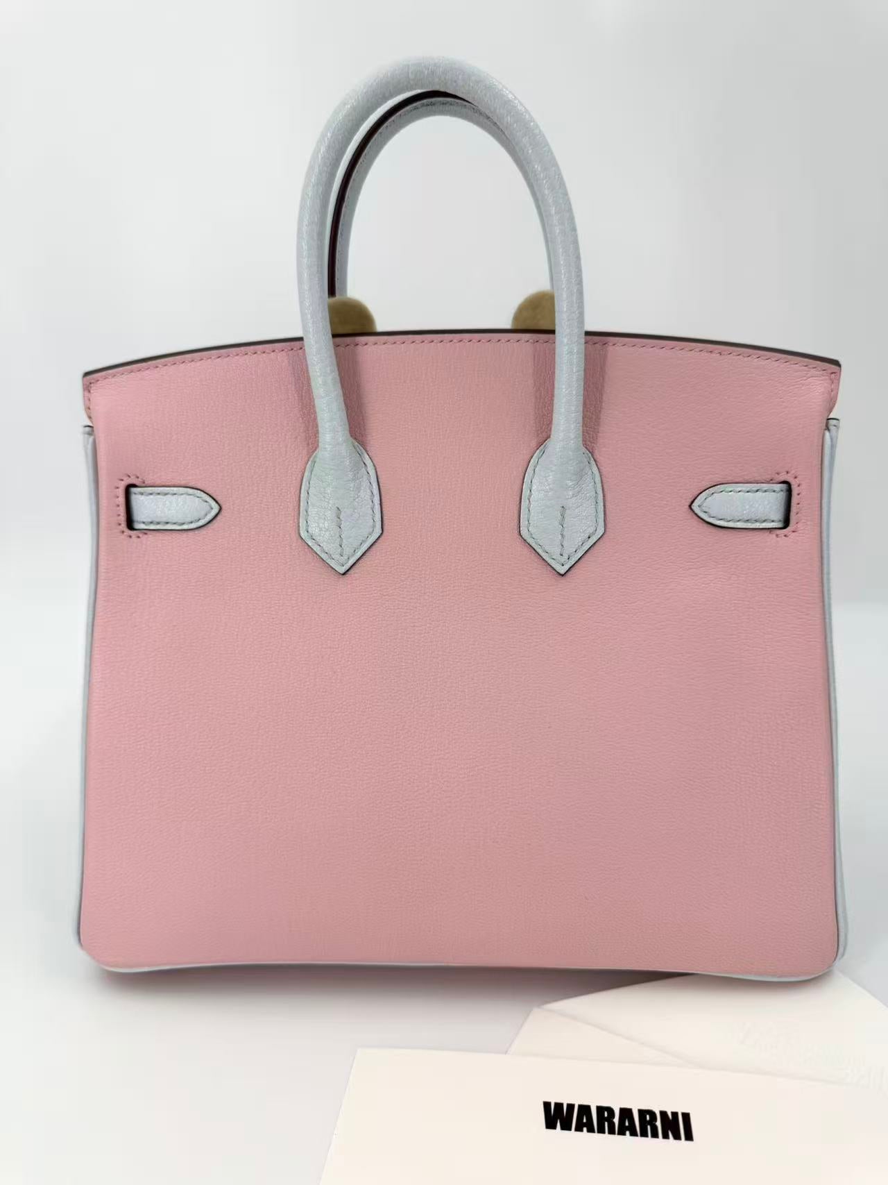 Hermès Birkin 25 3Q rose sakura pink  T0 Blue Brume Goatskin leather Brushed Palladium Hardware
