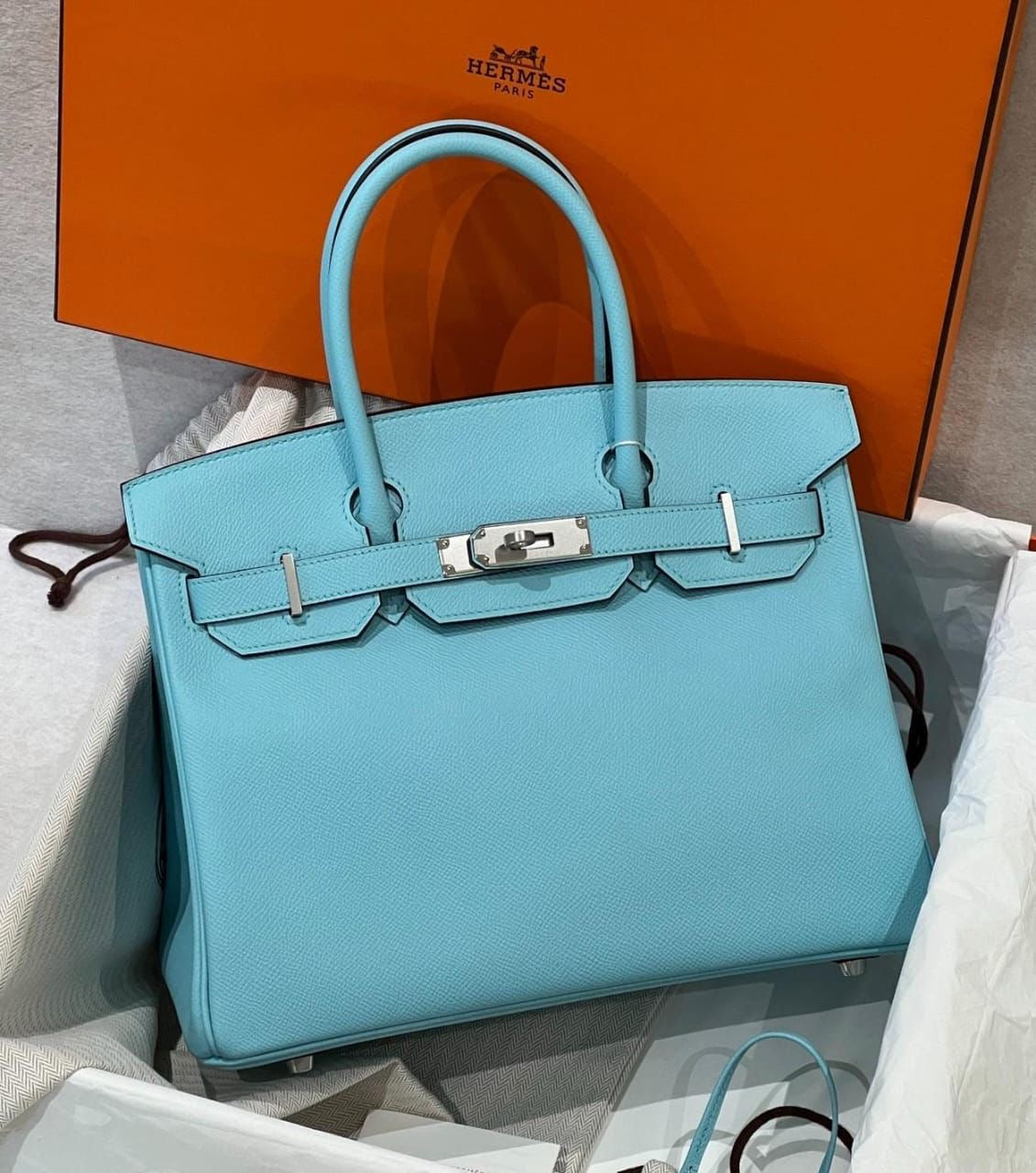 Hermès Birkin 30 Bleu Atoll Epsom Palladium hardware