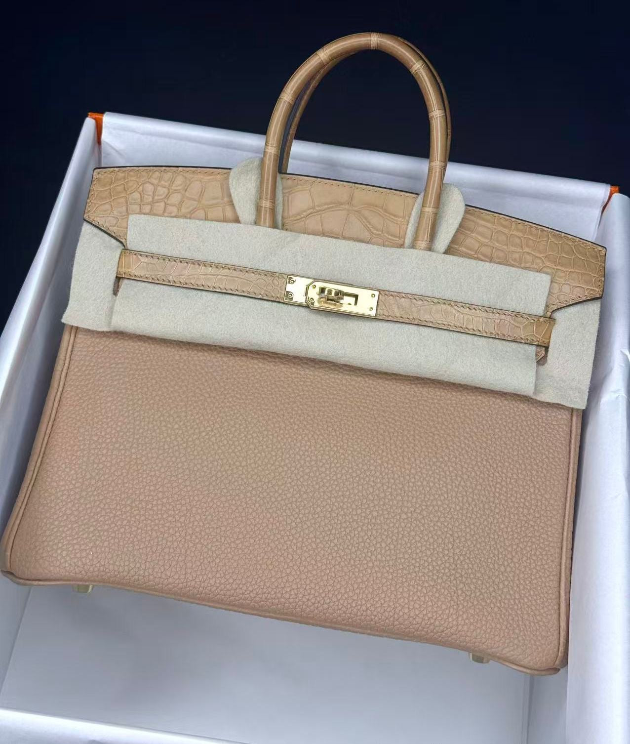 Hermes Birkin 25 touch in chai Togo / matte alligator gold hardware