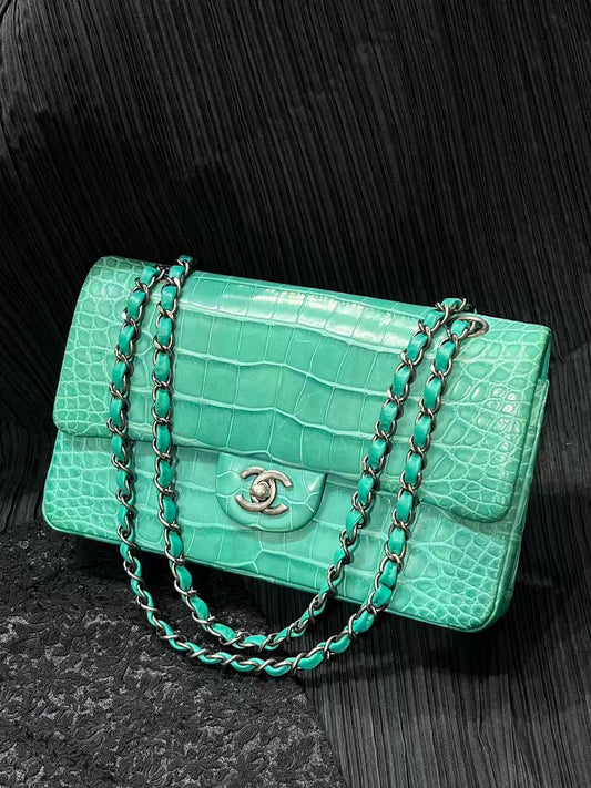 Chanel Green Jade Alligator leather medium flap silver hardware