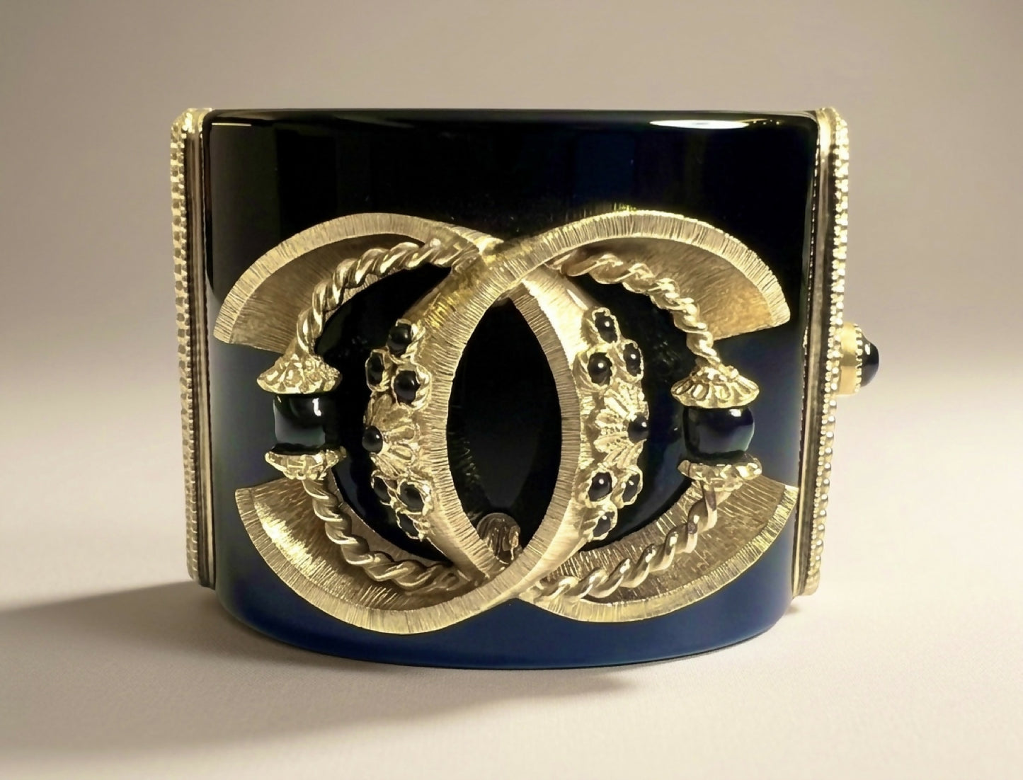 Rare Chanel 16A Paris Seoul Black Pearl Gold Wide Statement Cuff Bracelet