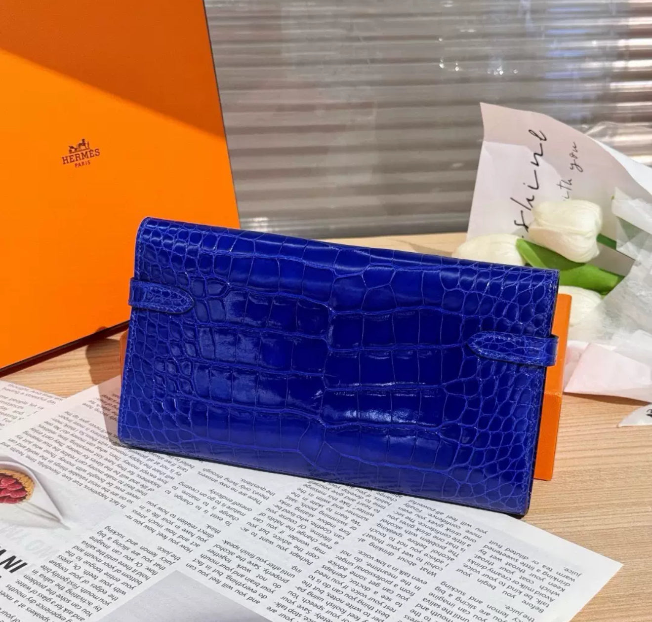 Hermès Kelly long electric blue shiny Alligator leather gold hardware