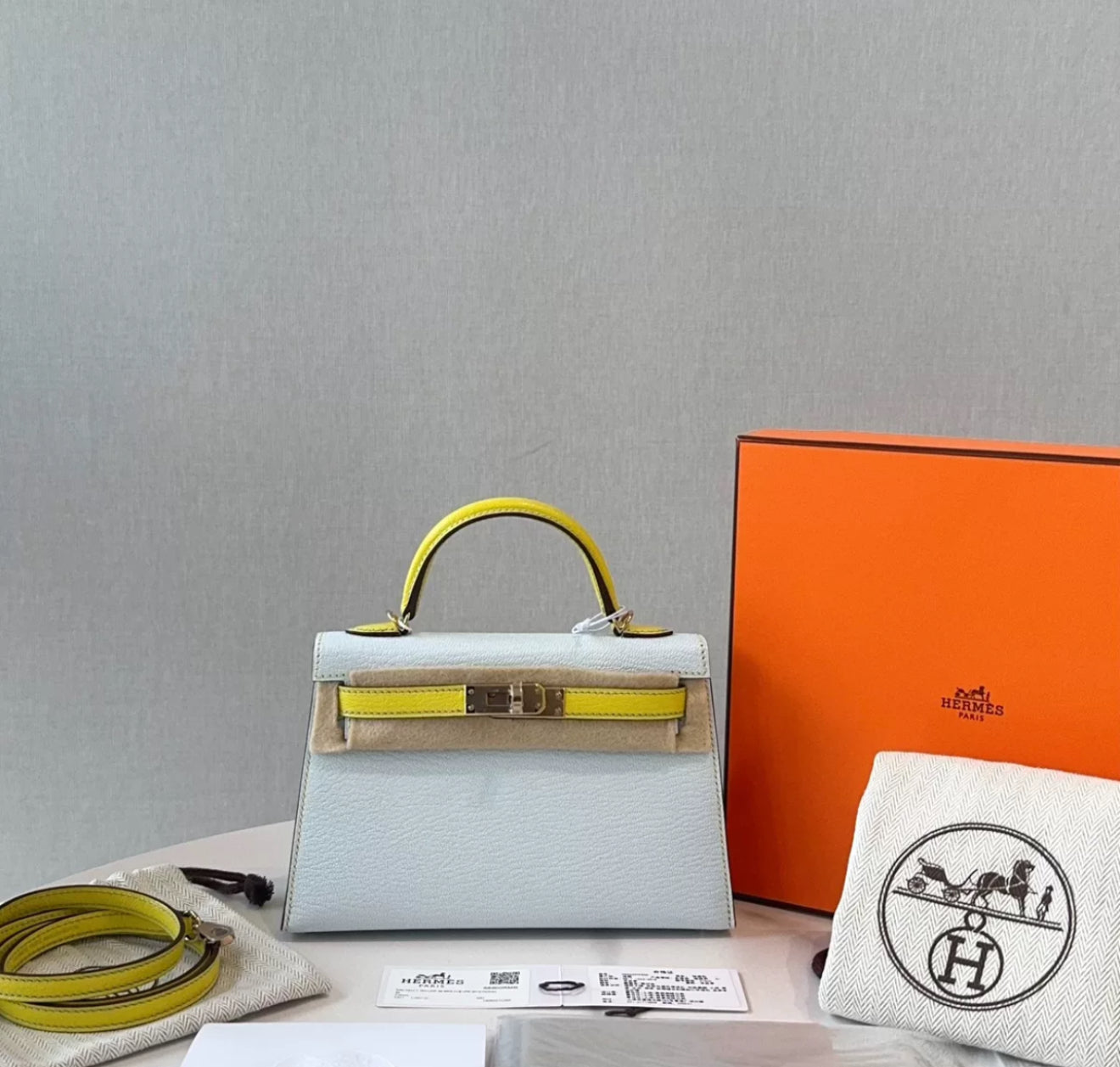 Hermès Mini Kelly Blue  Yellow Goatskin Leather Gold Hardware