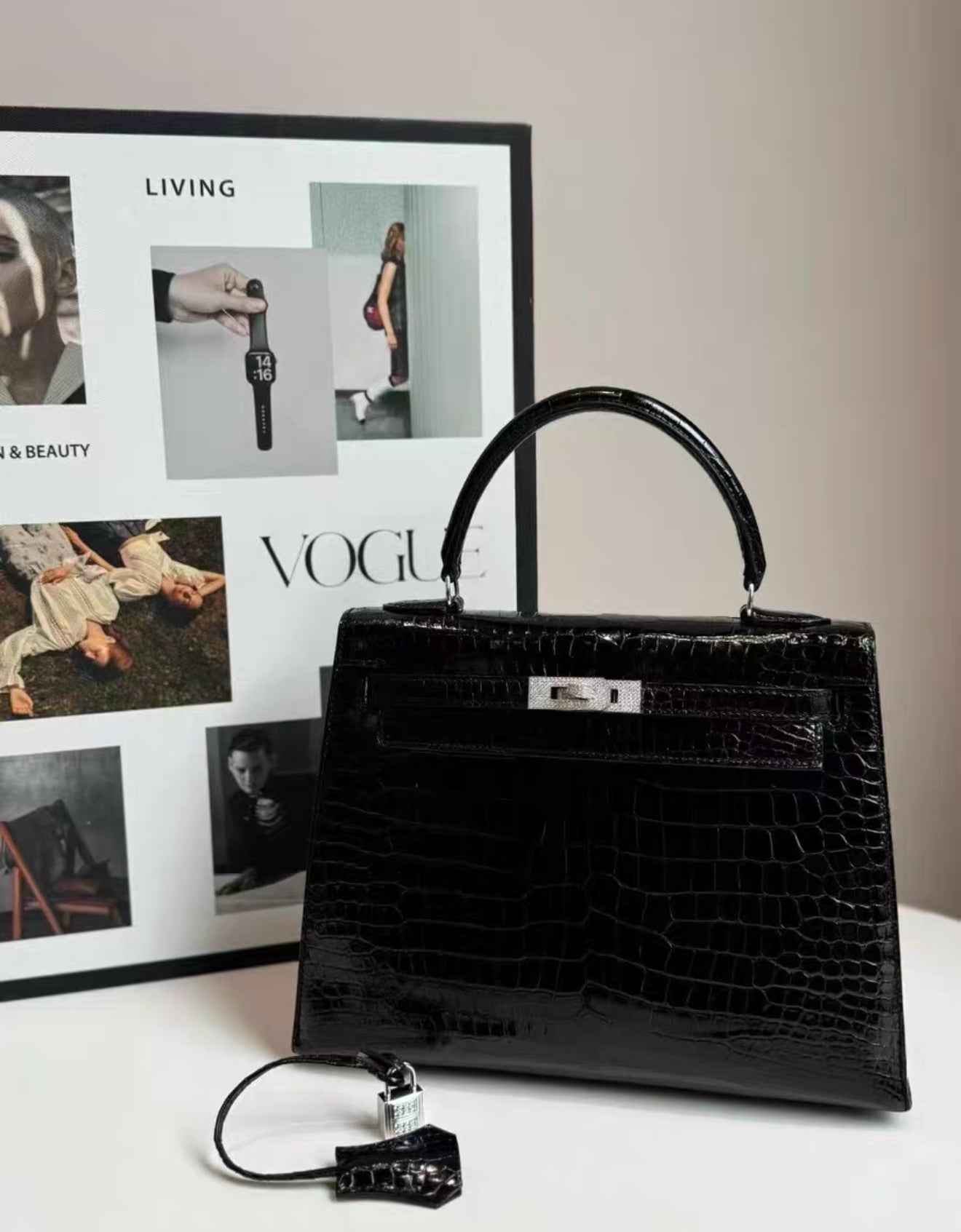 Hermes Kelly 25 Shiny crocodile leather white gold  diamond hardware