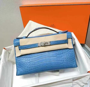 Hermès Kelly Pochette Blue Mykonos Matte alligator palladium hardware