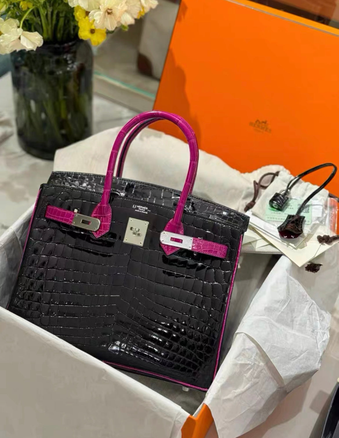 Hermes Birkin 30 Niloticus Crocodile Black  Fuchsia Pink Palladium Hardware