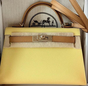 Hermes Mini Kelly 20 Jaune Poussin / Biscuit Epsom Permabrass hardware