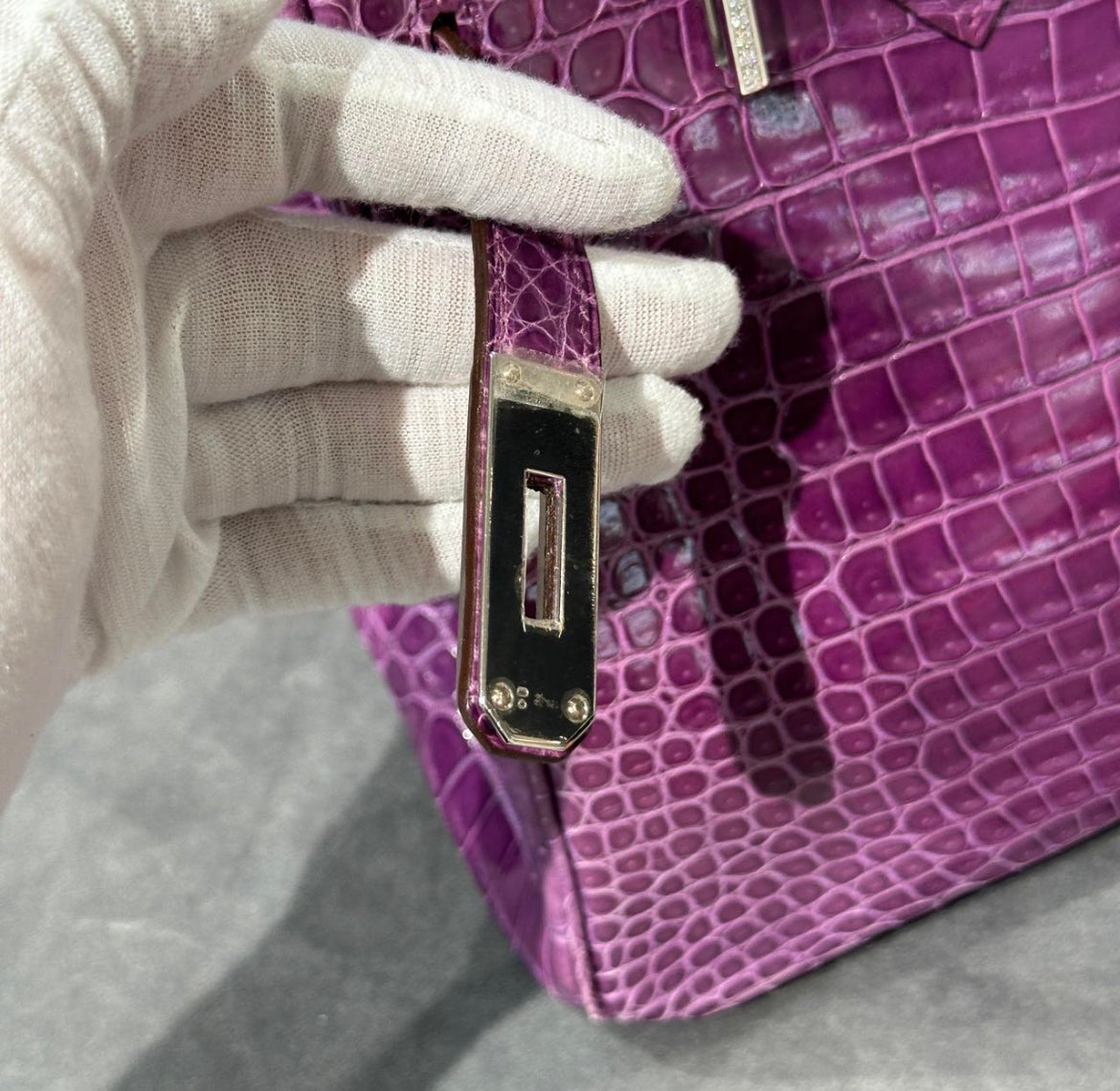 Hermès Birkin 30 Violet Shiny Porosus Crocodile White Gold Diamond Hardware