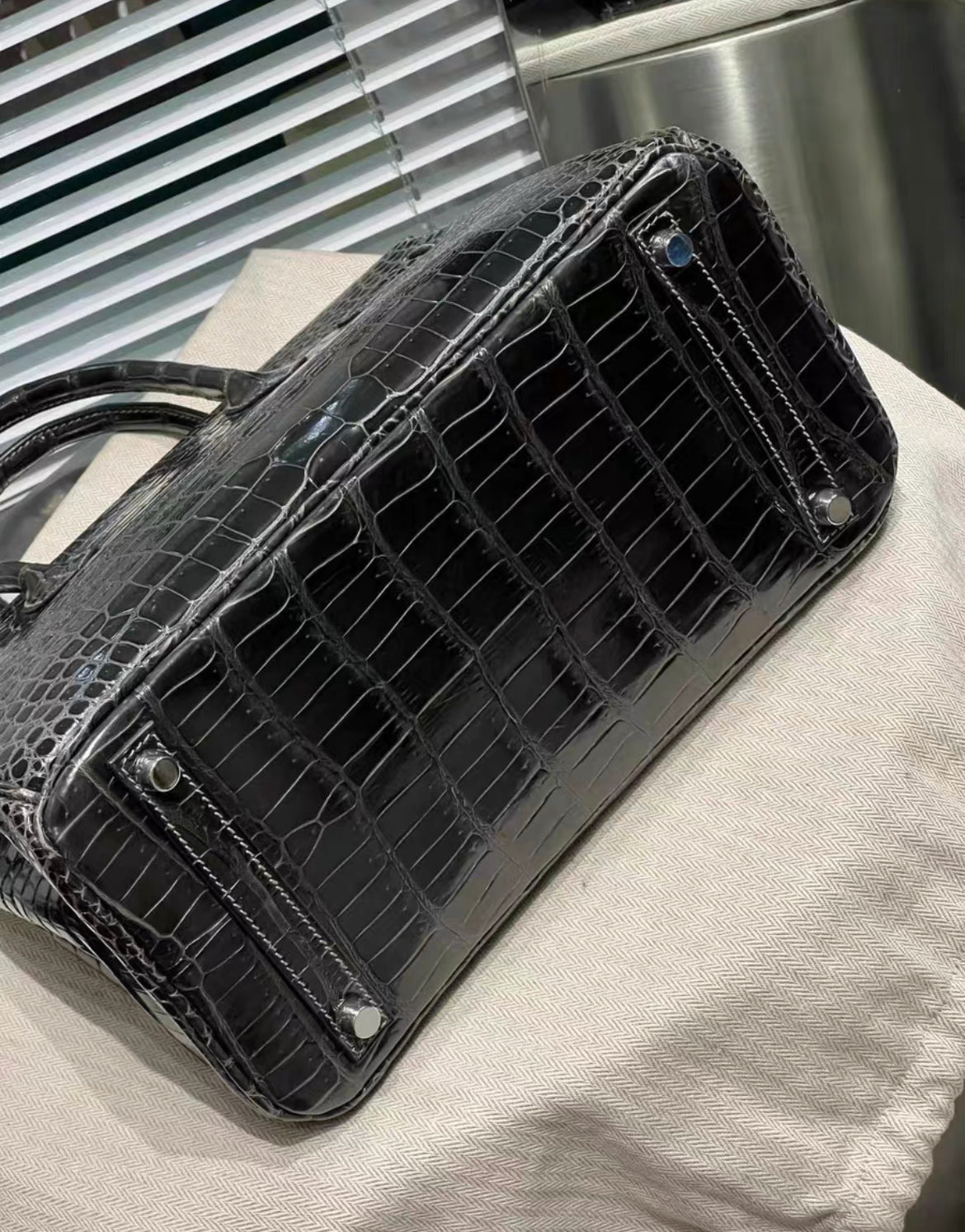 Hermès Birkin 30 Black Matte Crocodile with white stitching and Palladium Hardware