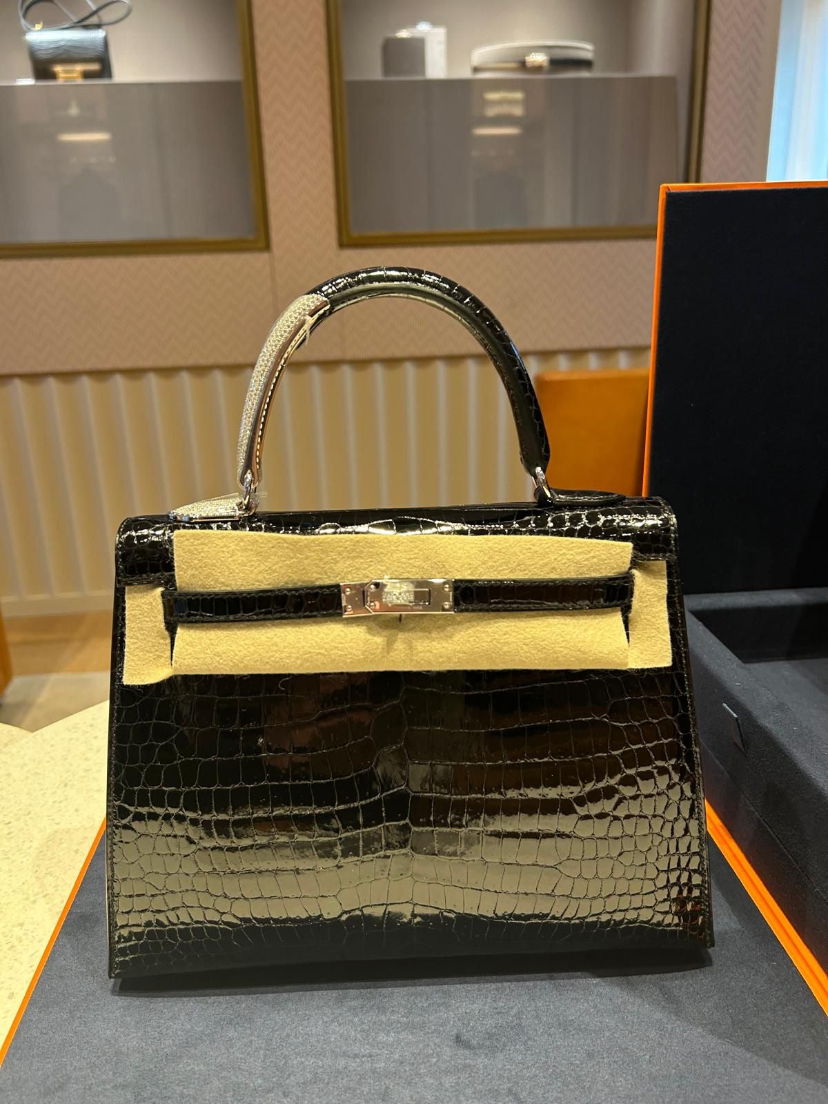 HERMES KELLY 25 MIDAS SHINY BLACK POROSUS CROCODILE SELLIER WITH 18K WHITE GOLD HARDWARE  DIAMOND HANDLE