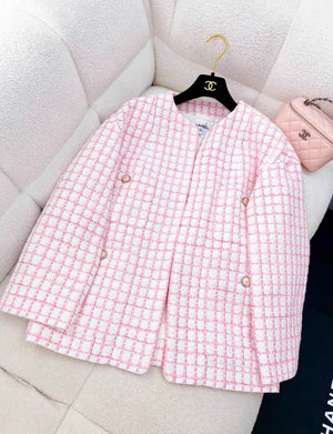 CHANEL SIZE 36 22S TWEED JACKET COTTON/ACRYLIC LIGHT PINK/WHITE