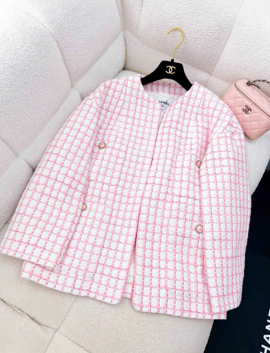 CHANEL CHANEL SIZE 36 22S TWEED JACKET COTTON/ACRYLIC LIGHT PINK/WHITE - 36 Jacket - Used fashion item from Top Quality Luxury Designers Bag