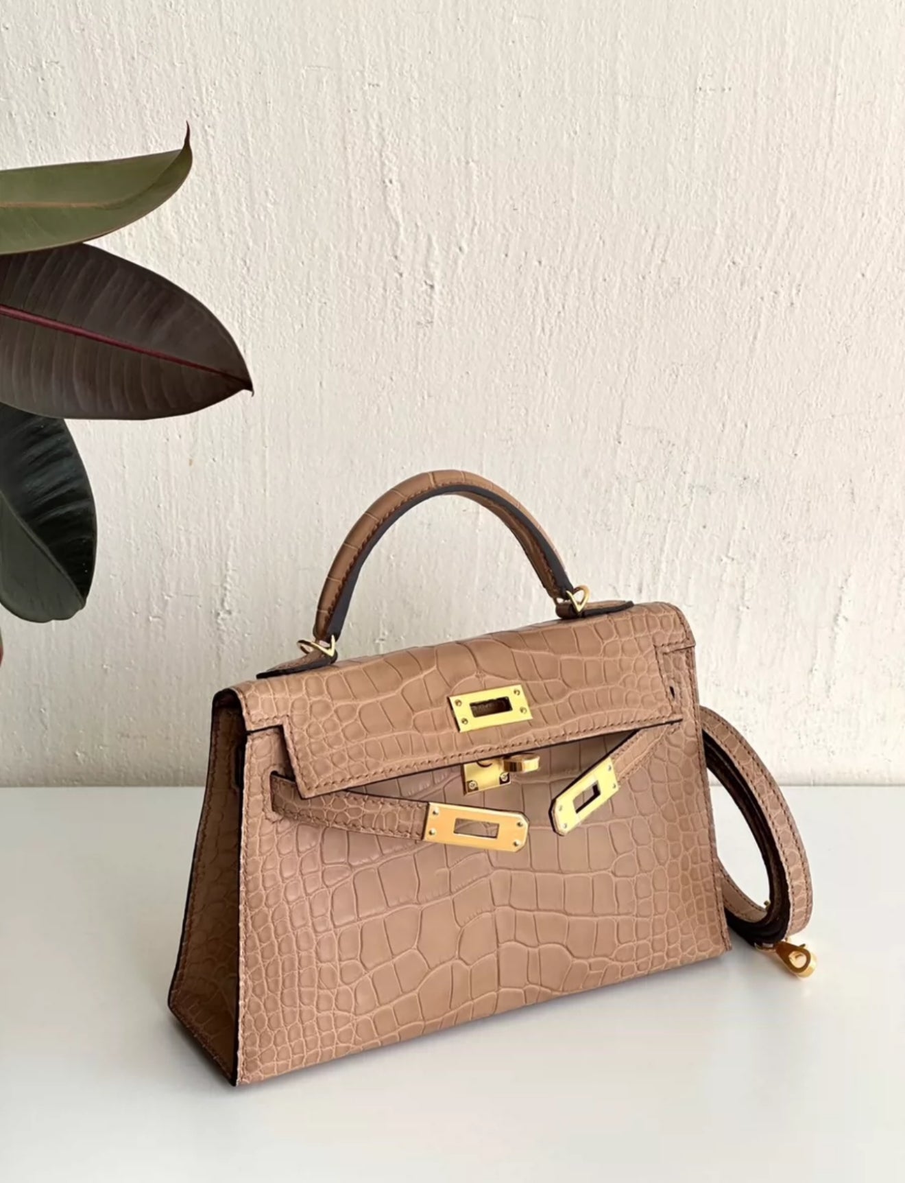 HERMÈS Mini Kelly II Matte Alligator in Chai with Gold hardware