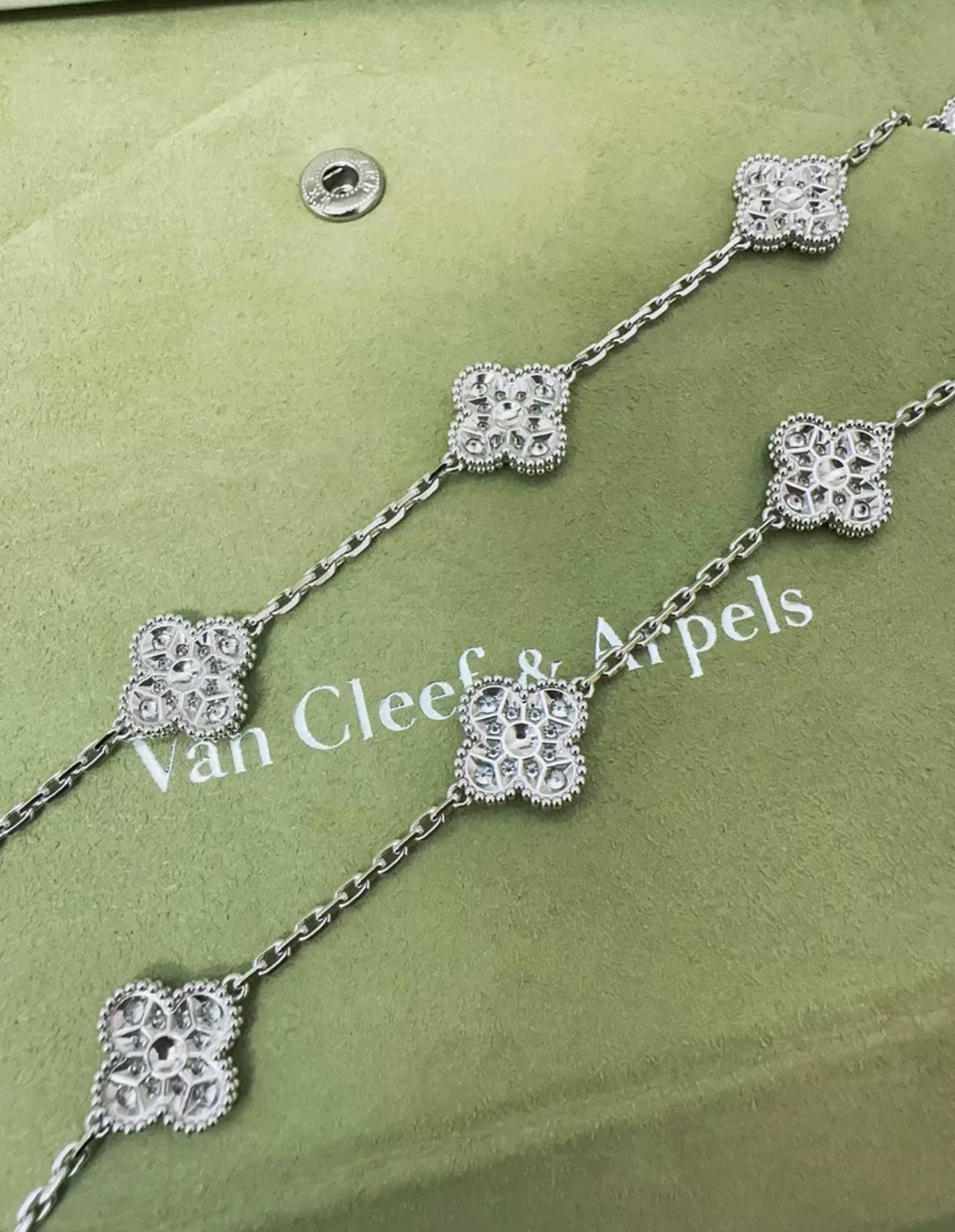 Van Cleef  Arpels 18k White Gold Diamond Set Vintage Alhambra Necklace