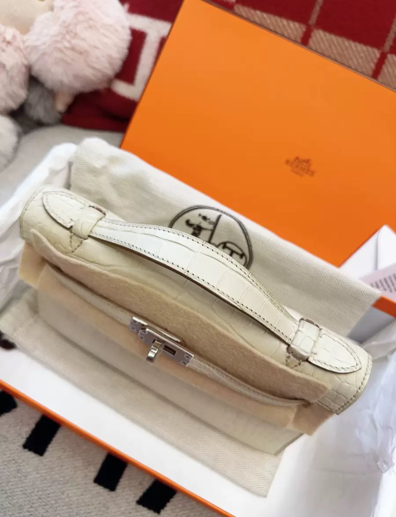 Hermes Kelly Pochette White Matte Crocodile Leather Palladium Hardware