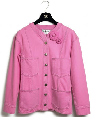 Iconic Chanel 21S Neon Pink Denim Camellia Jacket FR 36