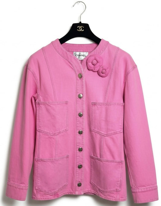 Iconic Chanel 21S Neon Pink Denim Camellia Jacket FR 36