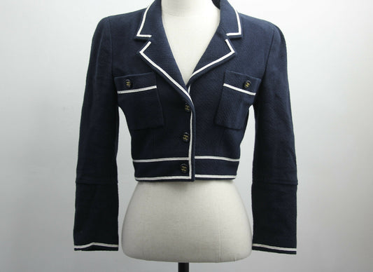 Chanel Vintage 1995 100% Cotton Navy Blue  White Autumn and Winter Short Jacket (Size 38)