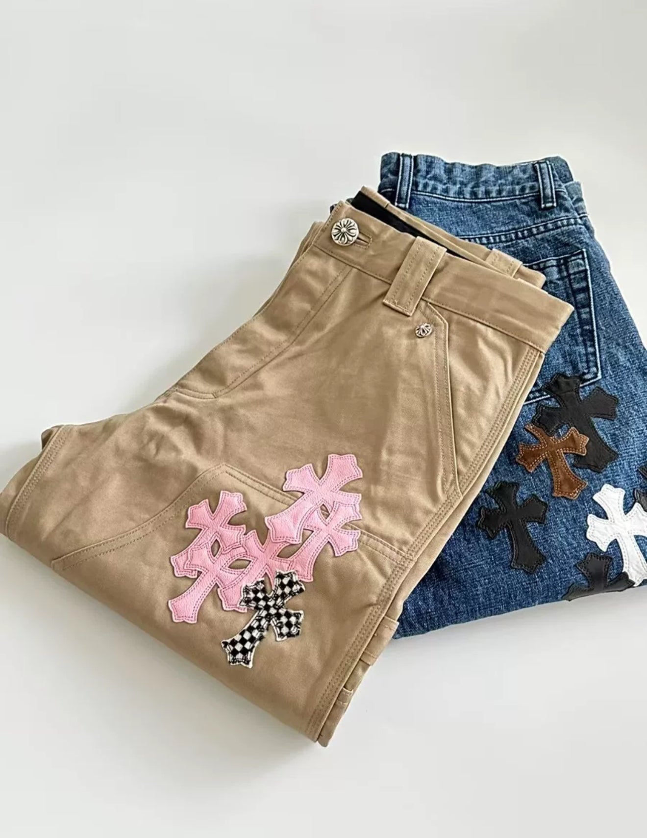 Chrome Hearts Tan Pink  Checkered Cross Patch Carpenter Pants