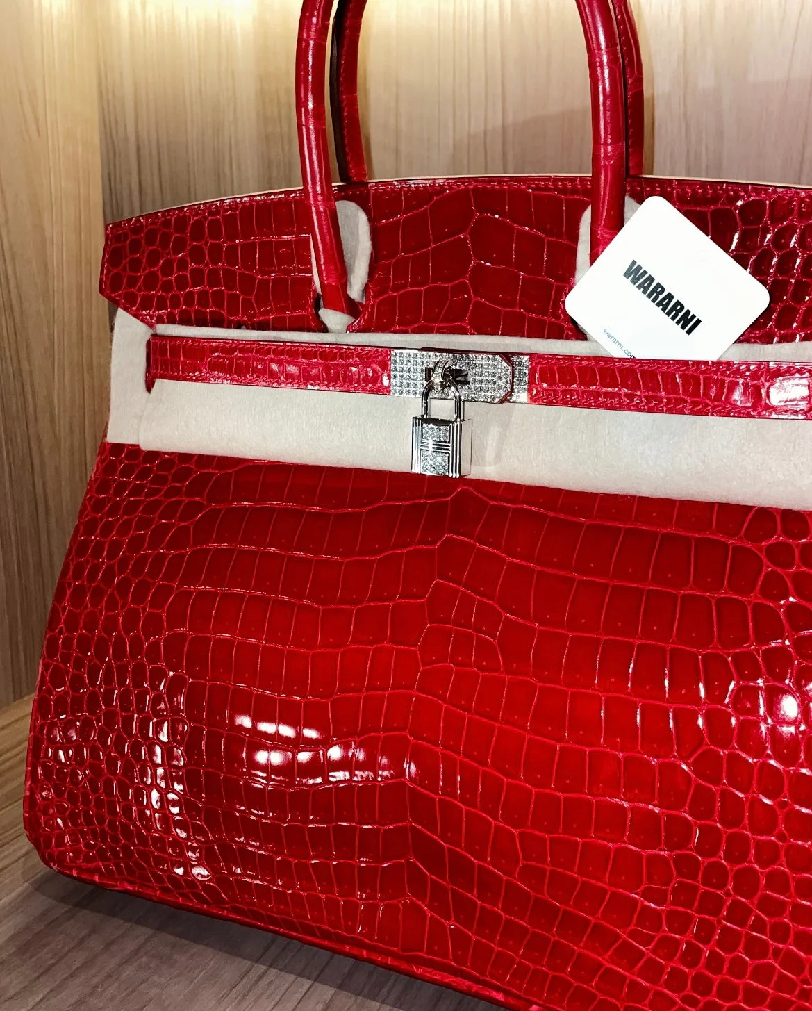 Hermès Birkin 35 Rouge Braise Shiny Porosus Crocodile – 18K White Gold & Diamond Hardware