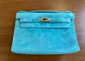 Hermes Kelly Pochette Blue Doblis Suede leather palladium hardware