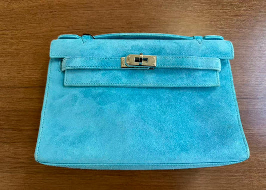 Hermes Kelly Pochette Blue Doblis Suede leather palladium hardware