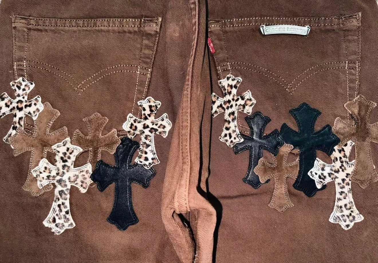 Chrome Hearts 501 Sole Brown Leopard Print Jeans