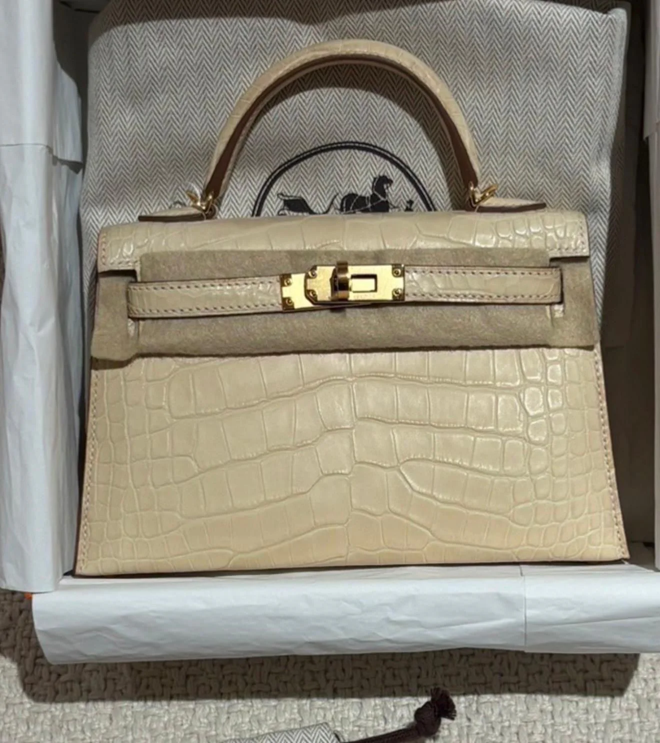 Hermes Mini Kelly 20 Vanille Matte Alligator Gold hardware