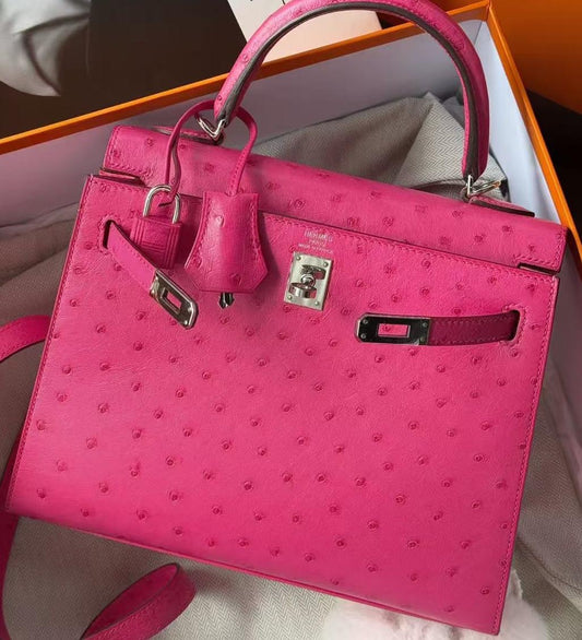 Hermes kelly 25 Rose Tyrien Ostrich Palladium hardware