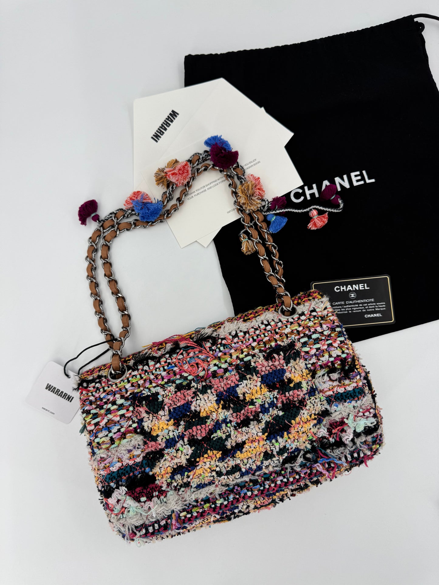 Chanel Pom Pom CC Quilted Tweed Medium Flap Bag with Ruthenium Hardware